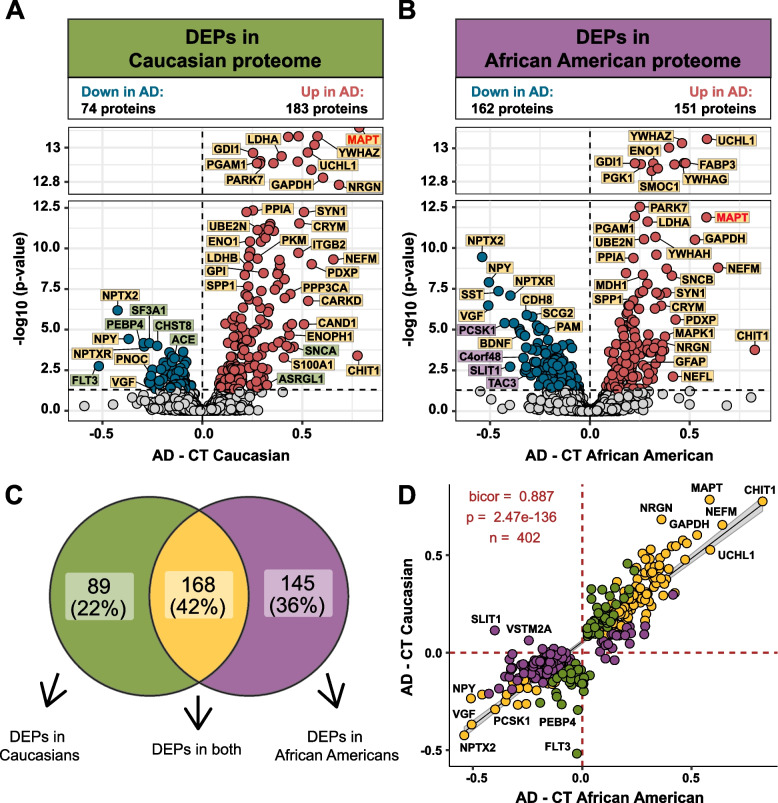Quantitative proteomics of cerebrospinal fluid from African Americans and Caucasians reveals shared and divergent changes in Alzheimer’s disease